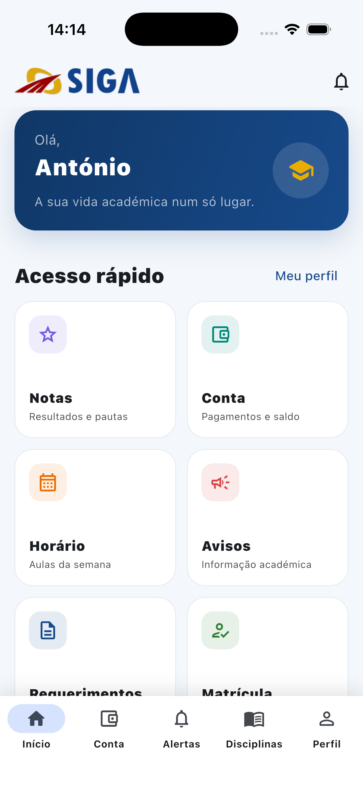 Menu principal da aplicação móvel SIGA